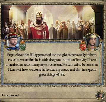 Pope impressed with Phillipe's lavish coronation, May 1069.PNG